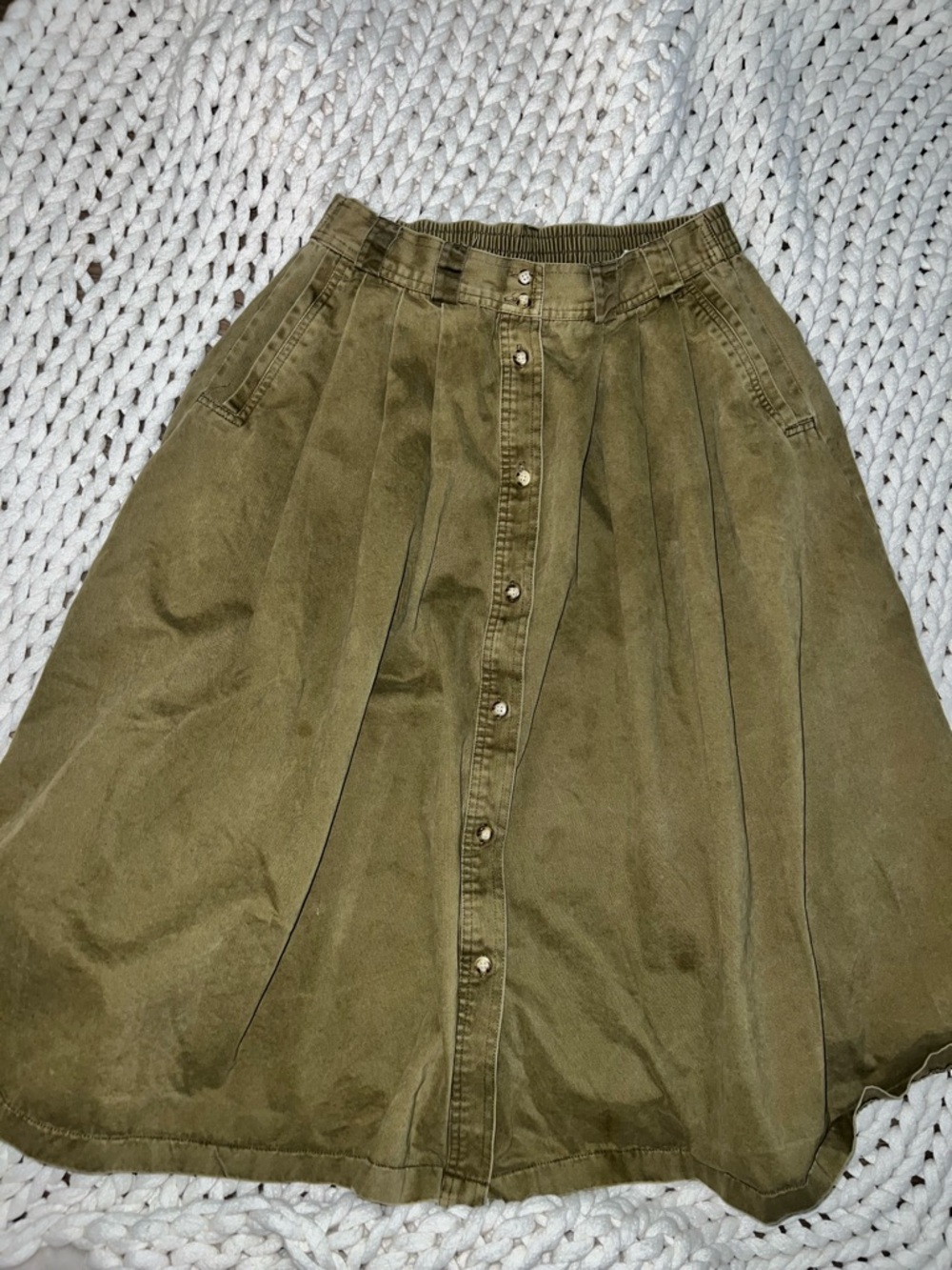 Olive Green Button-Front Midi Skirt